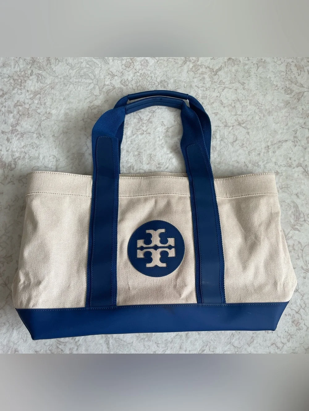 Tory Burch Large Beige Canvas Tote with Blue Vinyl Trim